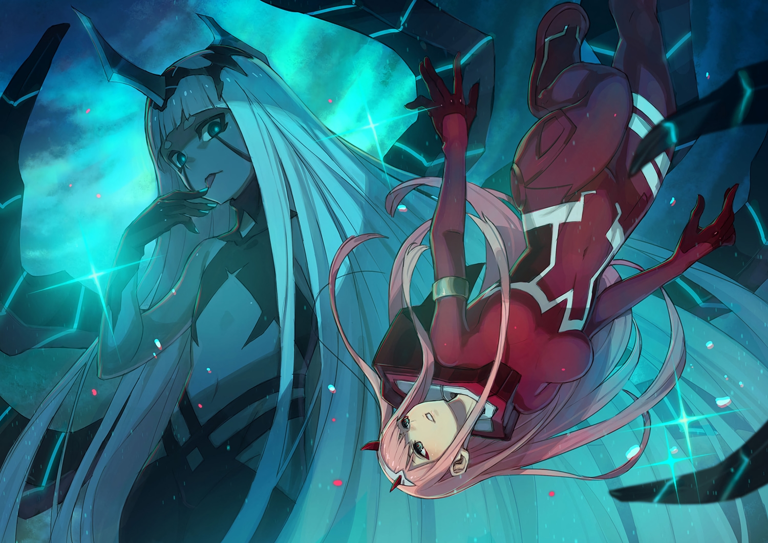 001_(darling_in_the_franxx), 2girls, blue_hair, bodysuit, breasts, darling_in_the_franxx, flat_chest, green_eyes