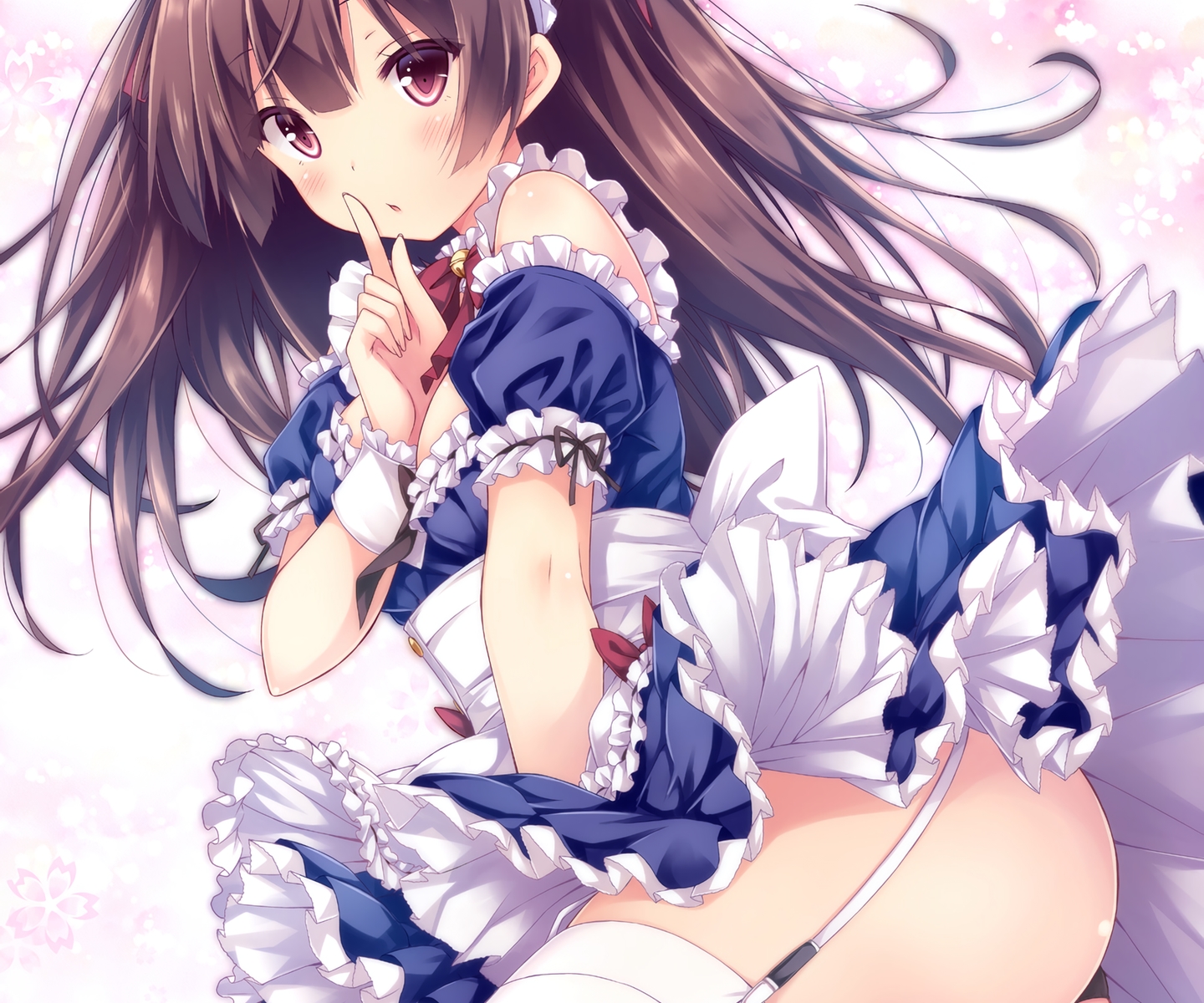apron, blush, brown_hair, cropped, dress, garter_belt, long_hair, maid, original, panties, ryo, skirt_lift, stockings, thighhighs, underwear, wristwear
