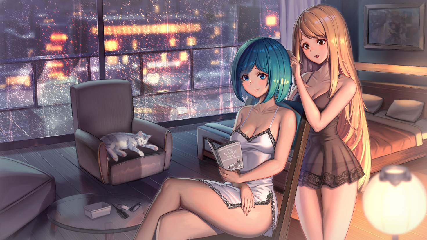 2girls, animal, aqua_hair, bed, blonde_hair, blue_eyes, book, breasts