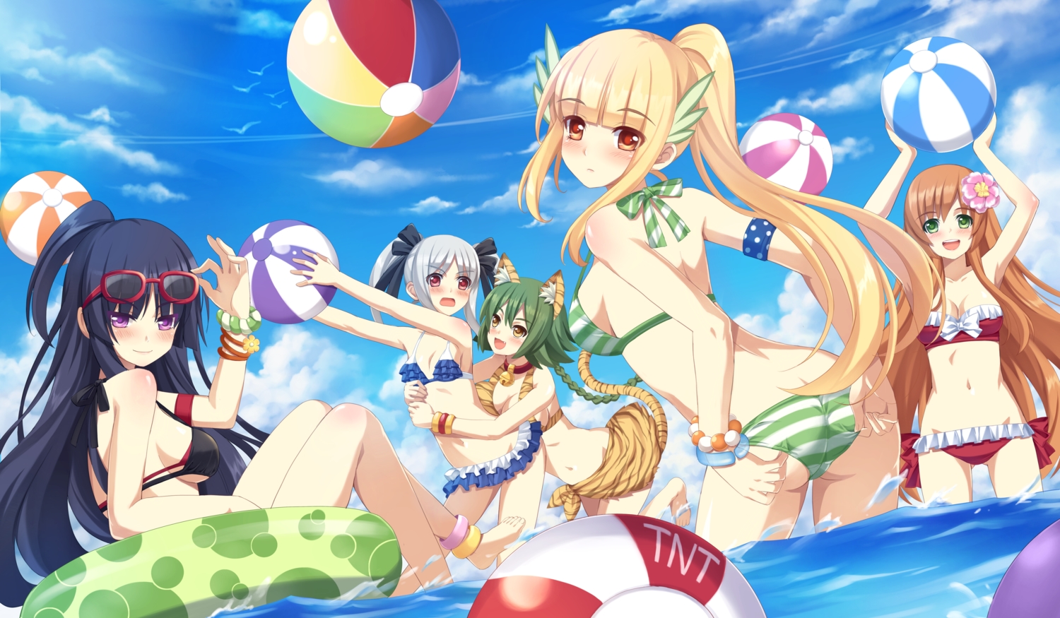 animal_ears, ass, ball, beach, bell, bikini, black_hair, blonde_hair, blush, braids, breasts, brown_eyes, brown_hair, cleavage, collar, gray_hair, green_eyes, green_hair, group, jpeg_artifacts, long_hair, navel, ponytail, purple_eyes, red_eyes, short_hair, sideboob, summer, sunglasses, swimsuit, tonee, tora_no_tsubasa, twintails, water