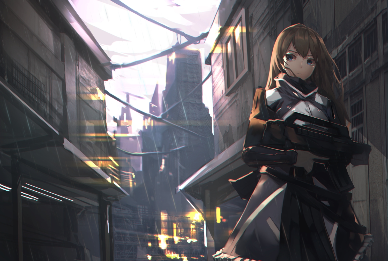 blue_eyes, brown_hair, building, city, fixro2n, gun, long_hair, original