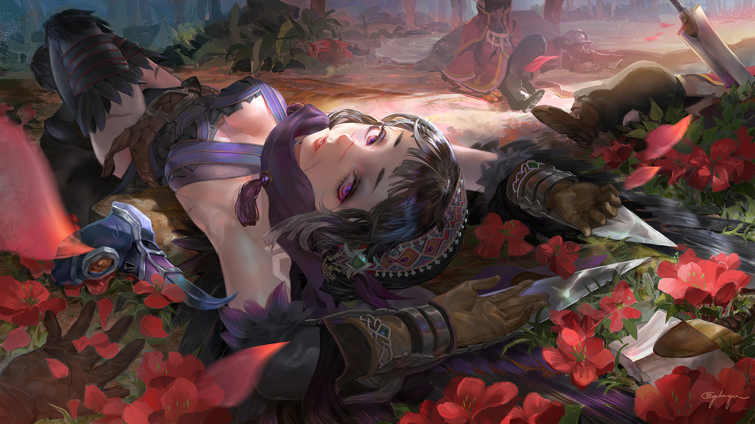 b.c.n.y., black_hair, flowers, gloves, mask, purple_eyes, scarf, sdorica_-sunset-