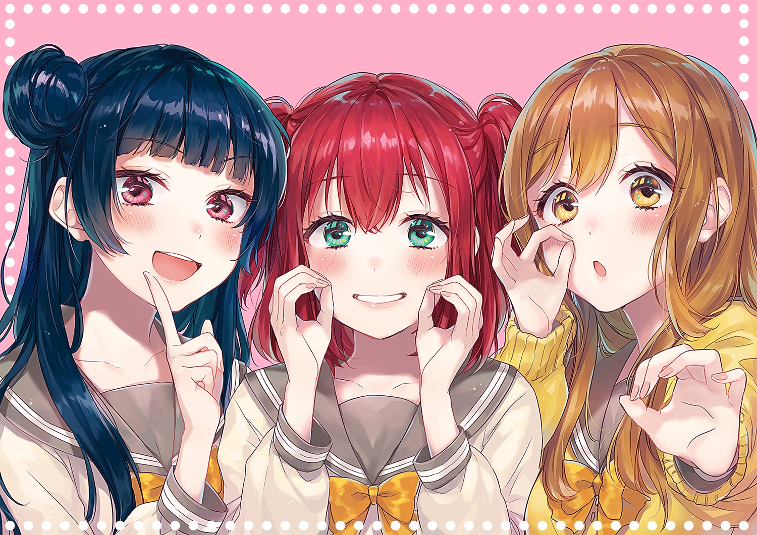 blue_hair, blush, bow, brown_eyes, brown_hair, green_eyes, kunikida_hanamaru, kurosawa_ruby