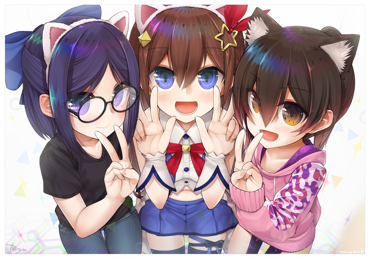 animal_ears, blue_hair, bow, brown_eyes, brown_hair, glasses, headband, hololive