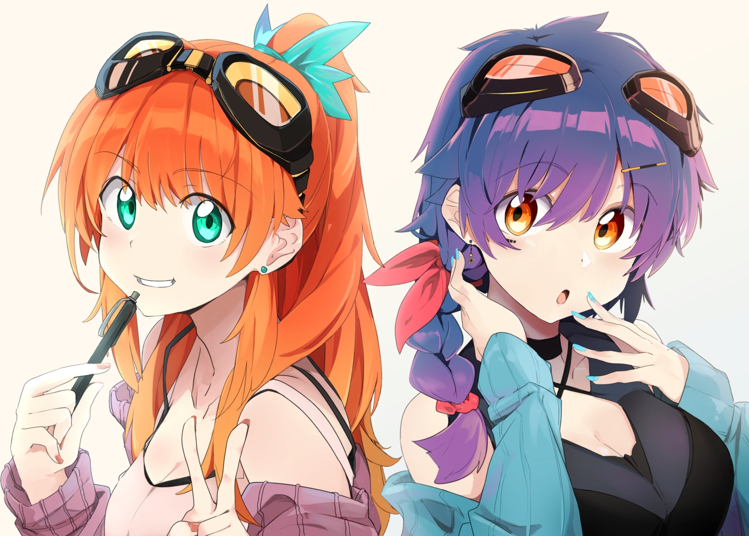 2girls, amano_tora, braids, goggles, green_eyes, kazenoko, long_hair, orange_eyes, orange_hair, original, ponytail, purple_hair