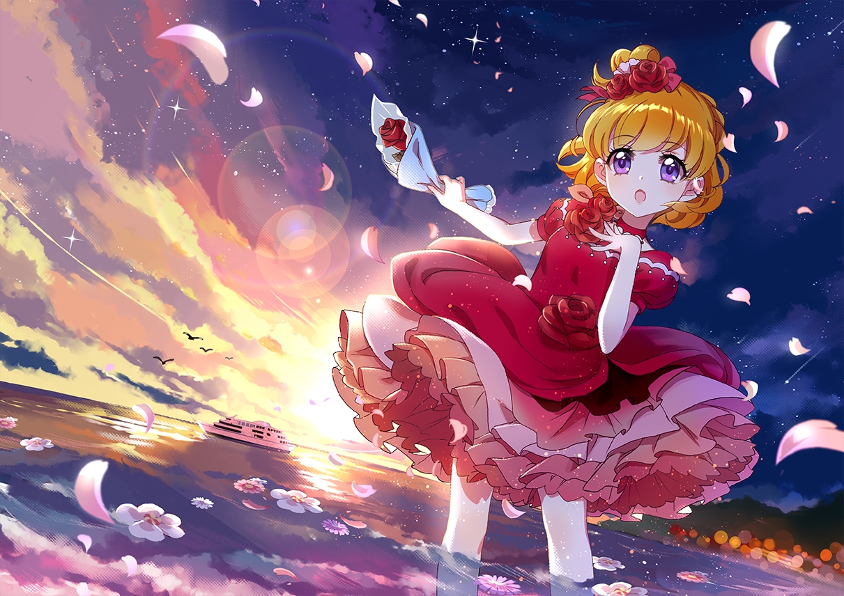 asahina_mirai, boat, clouds, dress, flowers, hoshi_(xingspresent), mahou_girls_precure!, orange_hair