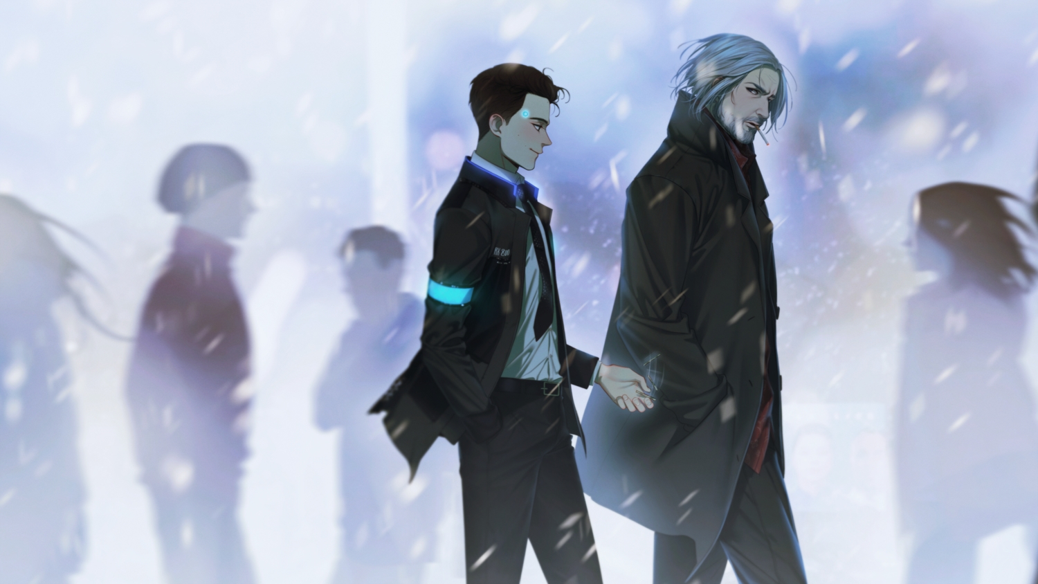 brown_hair, cigarette, connor_(detroit:_become_human), detroit:_become_human, gray_hair, hank_anderson, male, robot, short_hair, smoking, snow, suit, tagme_(artist), tie
