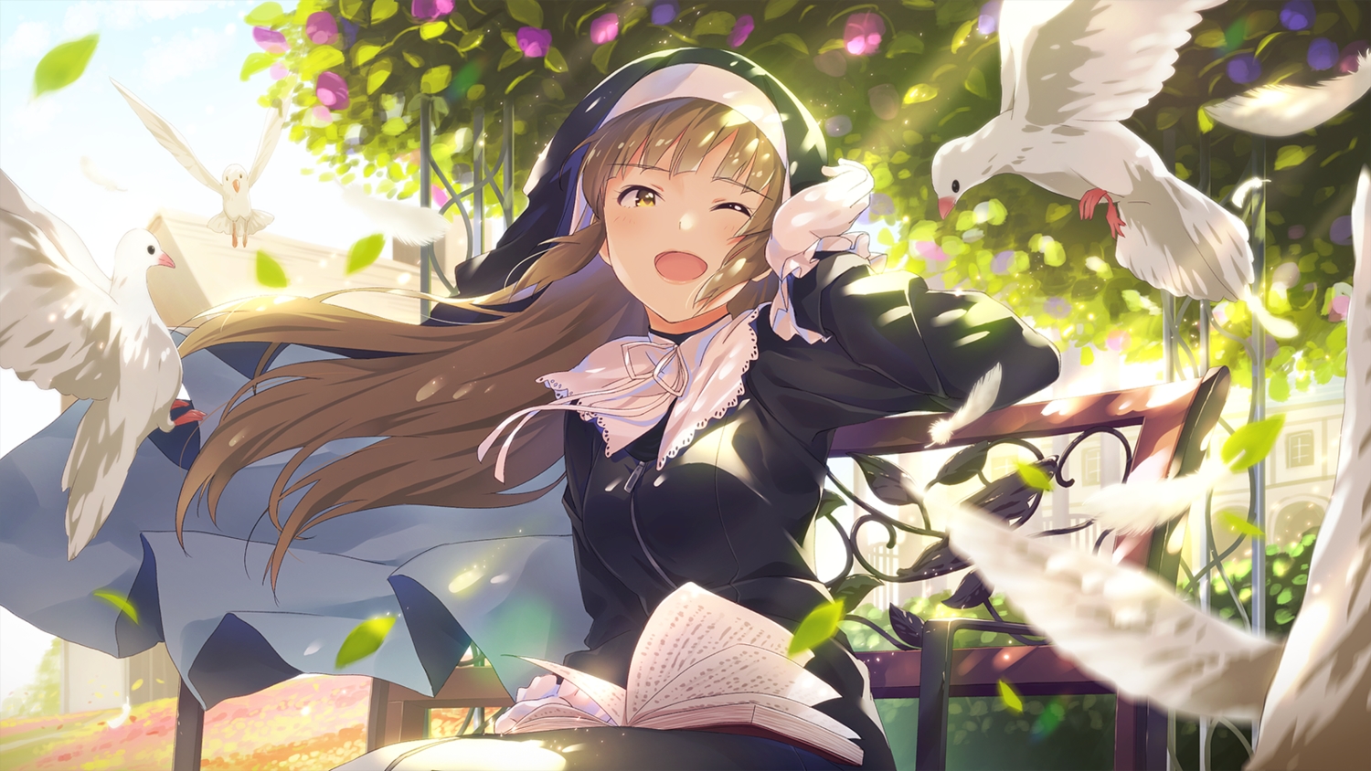 animal, bird, book, brown_hair, feathers, gloves, long_hair, narumi_nanami, nijisanji, nun, sister_cleaire, wink, yellow_eyes
