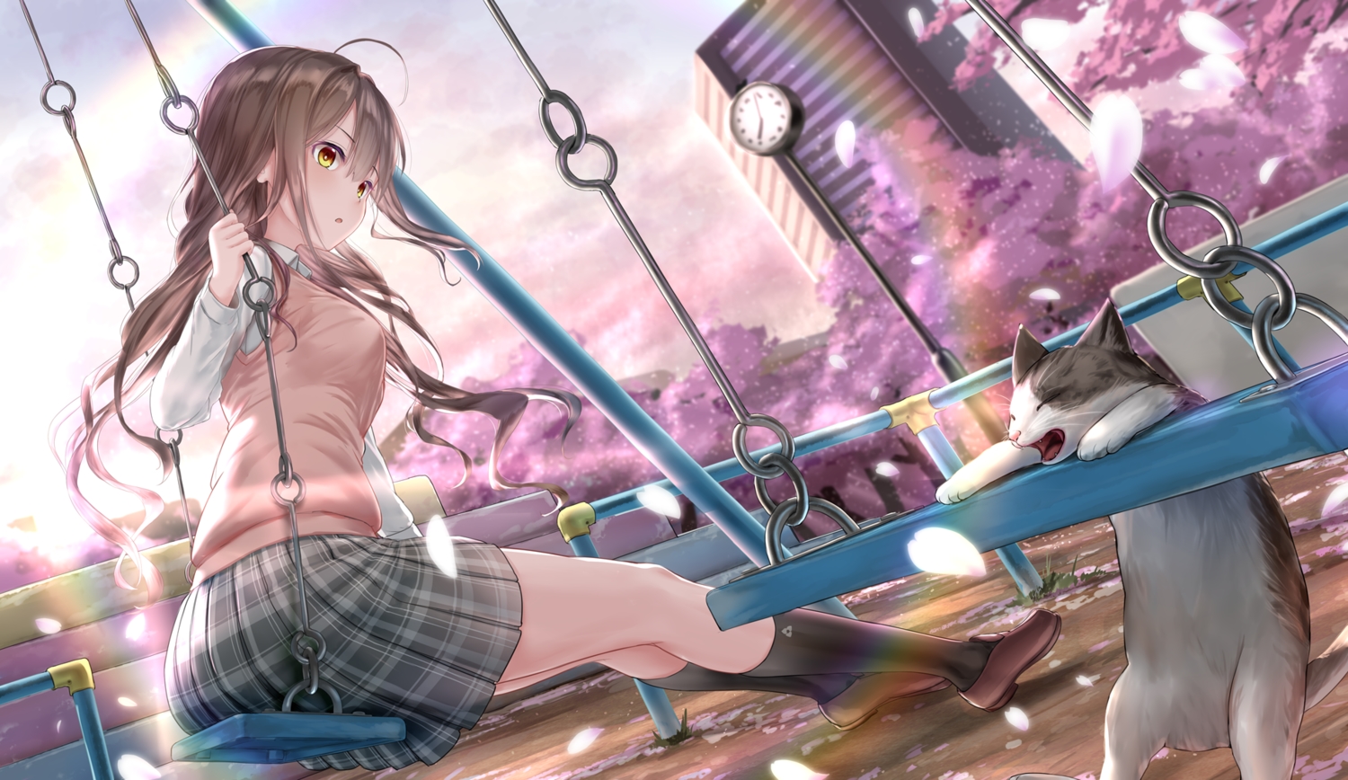 animal, brown_hair, building, cat, cherry_blossoms, flowers, kachayori, kneehighs