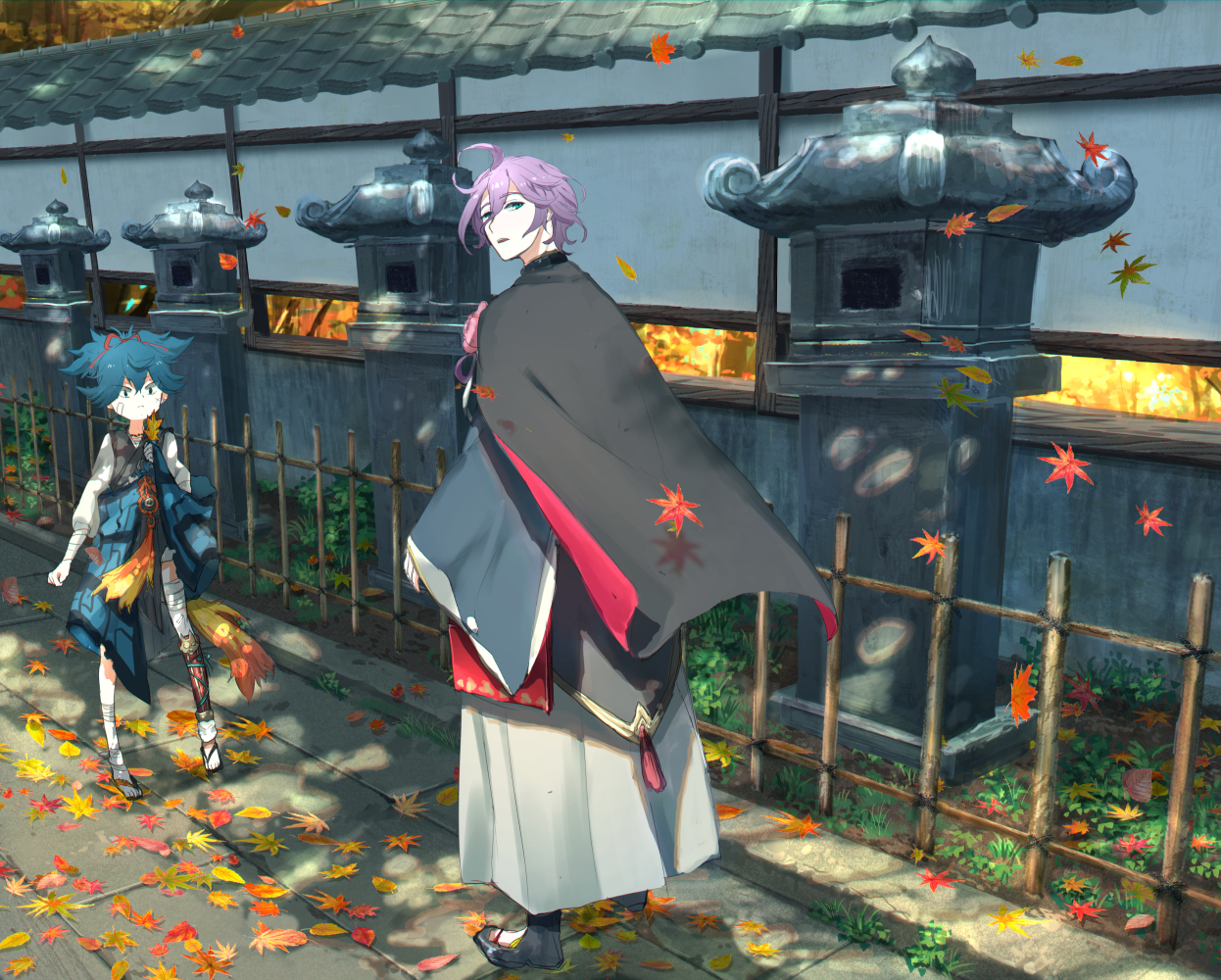 all_male, anthropomorphism, bandage, blue_hair, green_eyes, japanese_clothes, kasen_kanesada, leaves