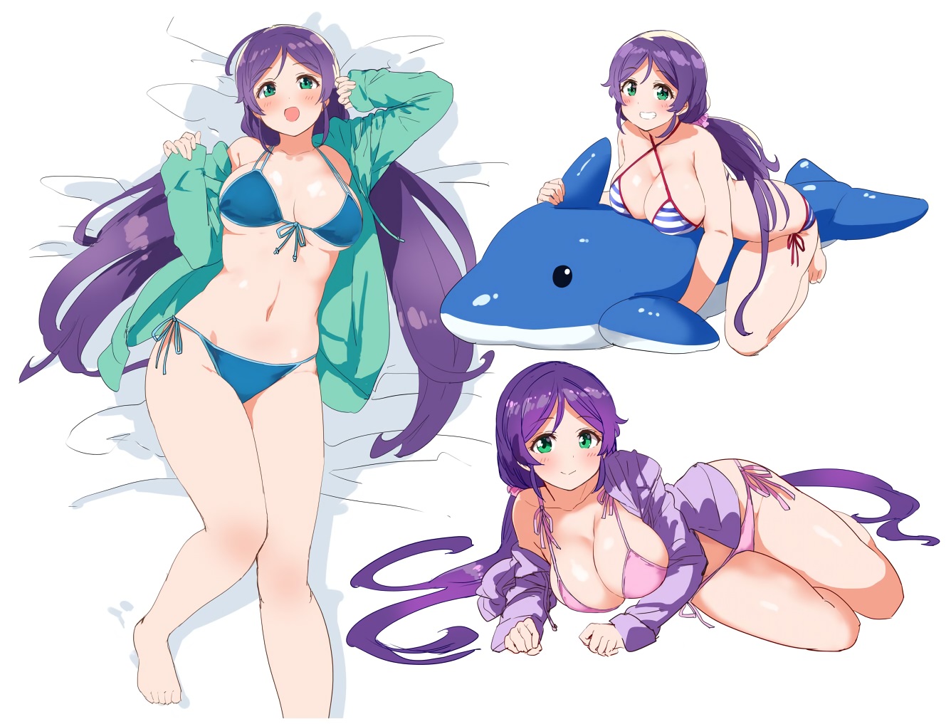 bikini, blush, breasts, cleavage, green_eyes, hood, kurokawa_makoto, long_hair