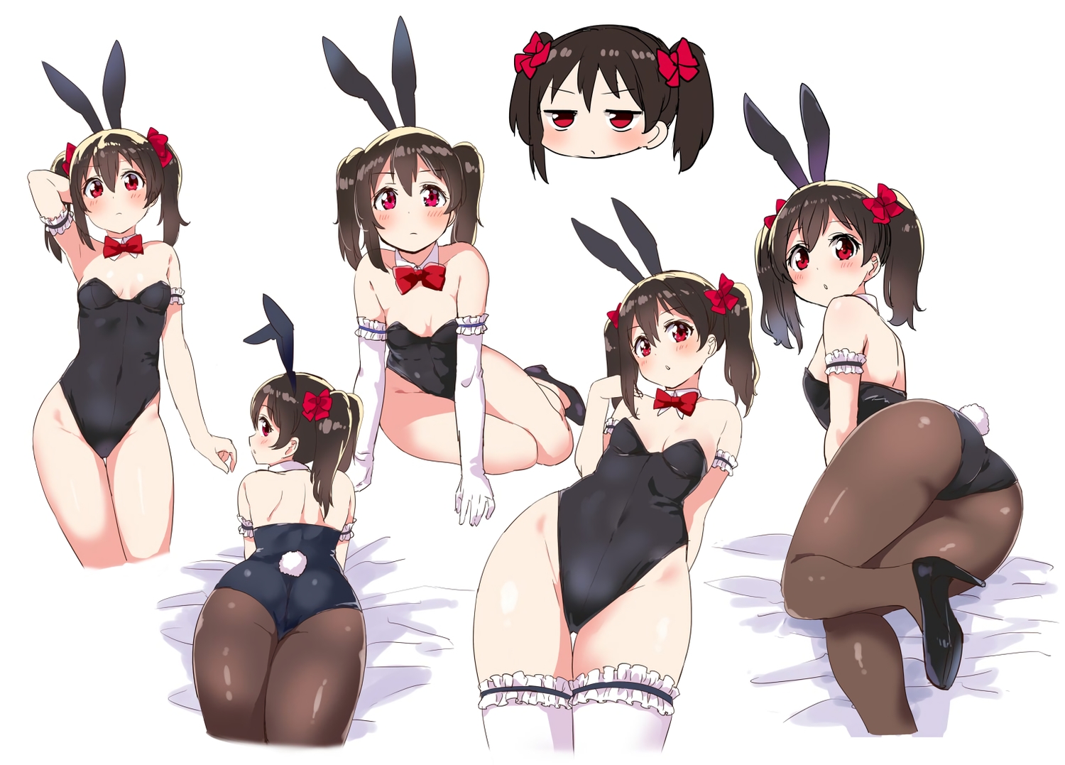 animal_ears, ass, black_hair, bodysuit, bow, bunny_ears, bunnygirl, collar, elbow_gloves, gloves, kurokawa_makoto, love_live!_school_idol_project, pantyhose, red_eyes, tail, thighhighs, twintails, white, yazawa_nico
