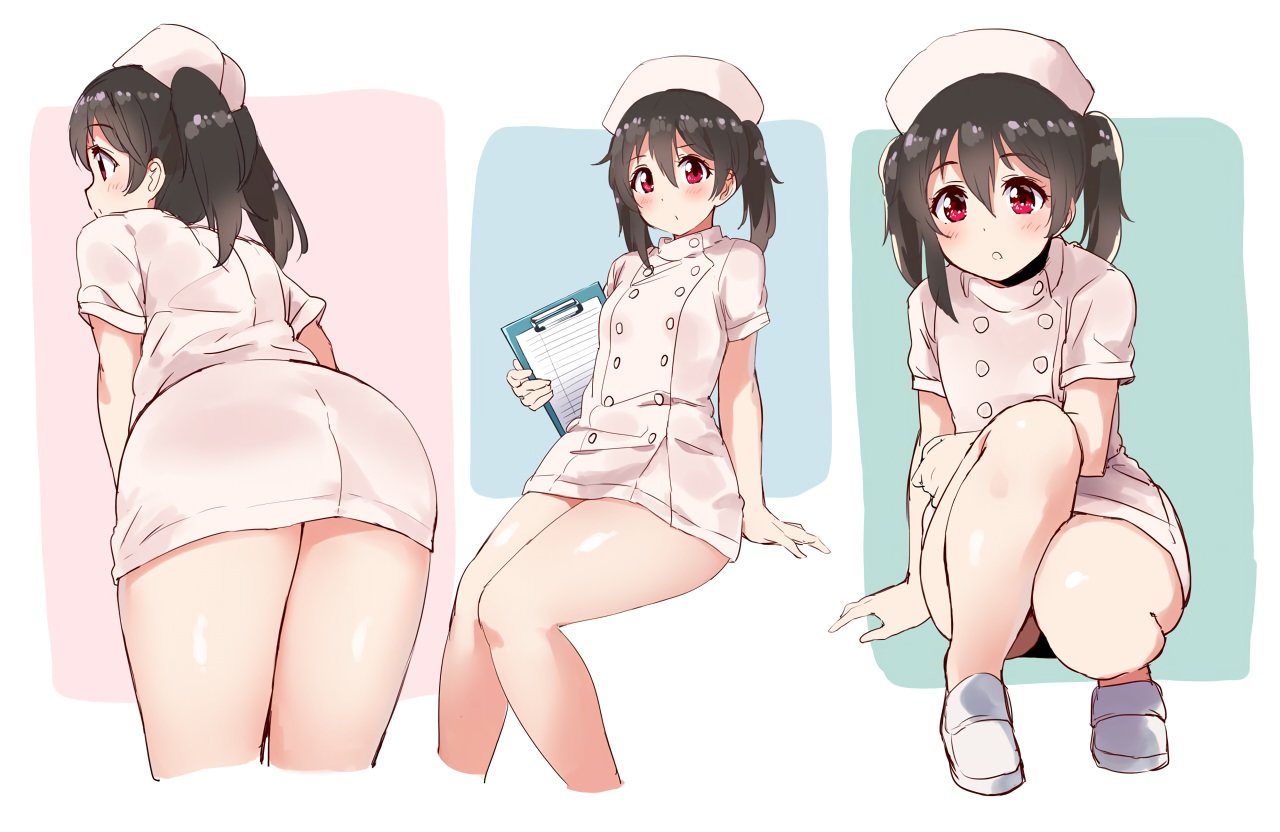 black_hair, dress, headdress, kurokawa_makoto, love_live!_school_idol_project, nurse, paper, red_eyes