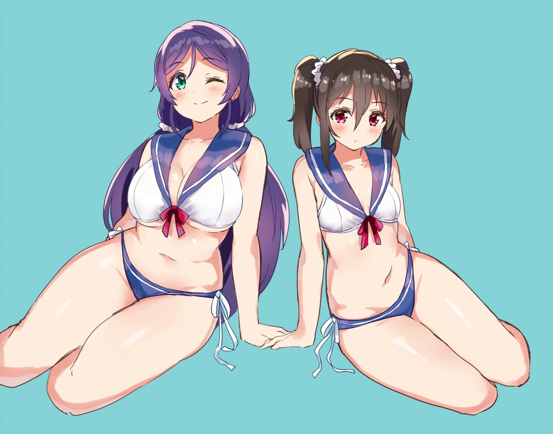 2girls, bikini, blush, breasts, brown_hair, cleavage, cyan, green_eyes