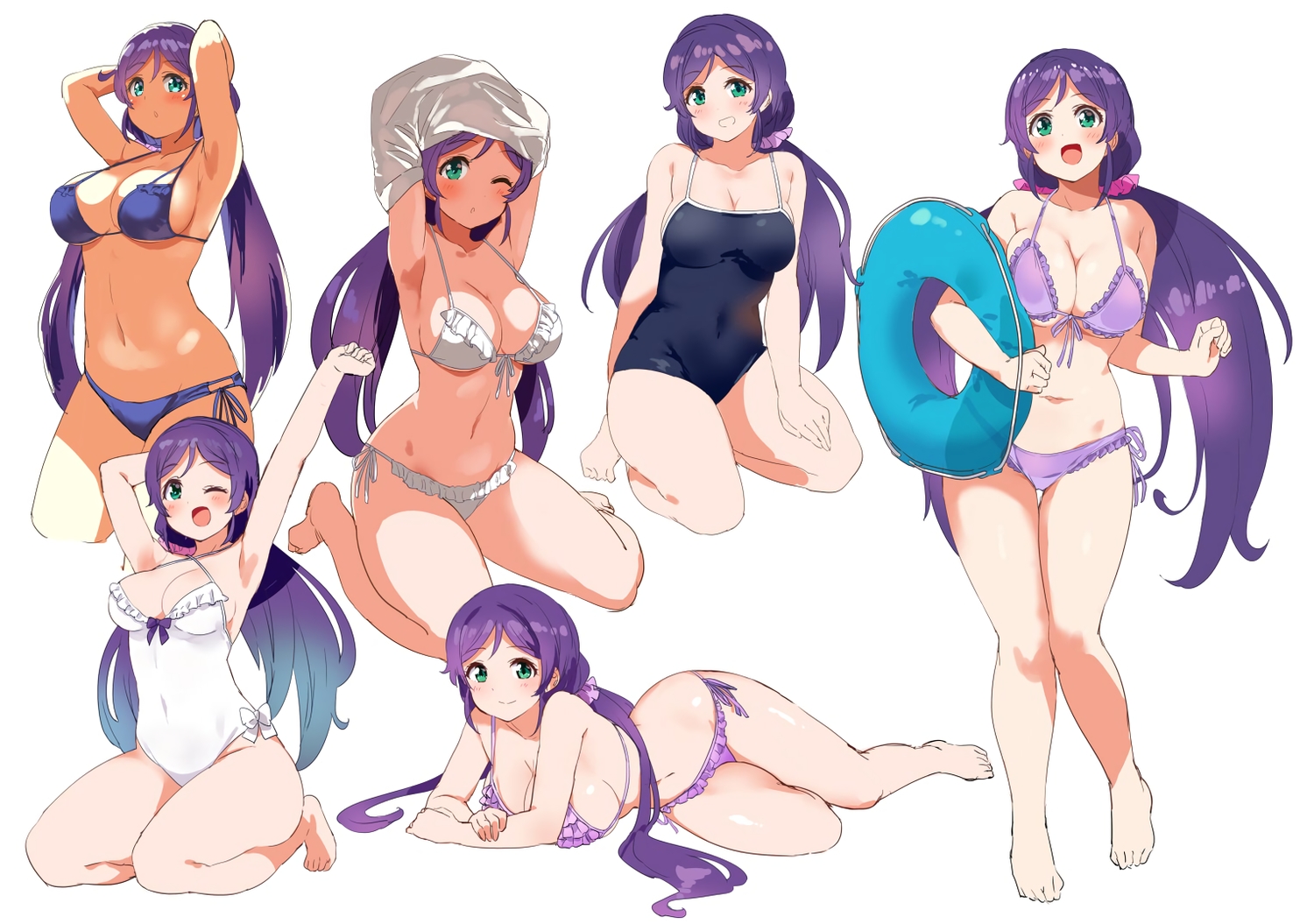 bikini, blush, breasts, cleavage, green_eyes, kurokawa_makoto, long_hair, love_live!_school_idol_project