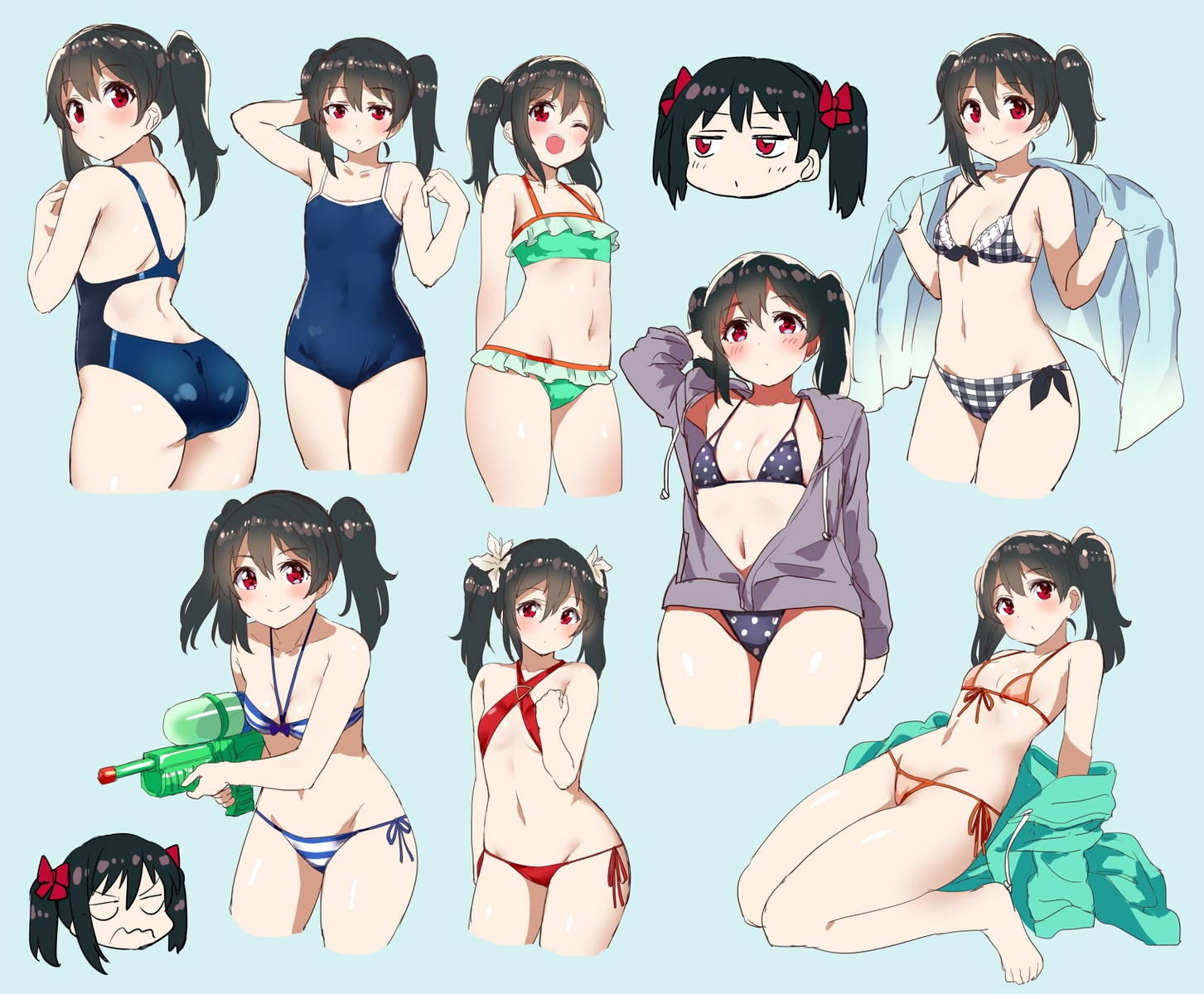 ass, bikini, black_hair, breasts, cleavage, hood, kurokawa_makoto, love_live!_school_idol_project