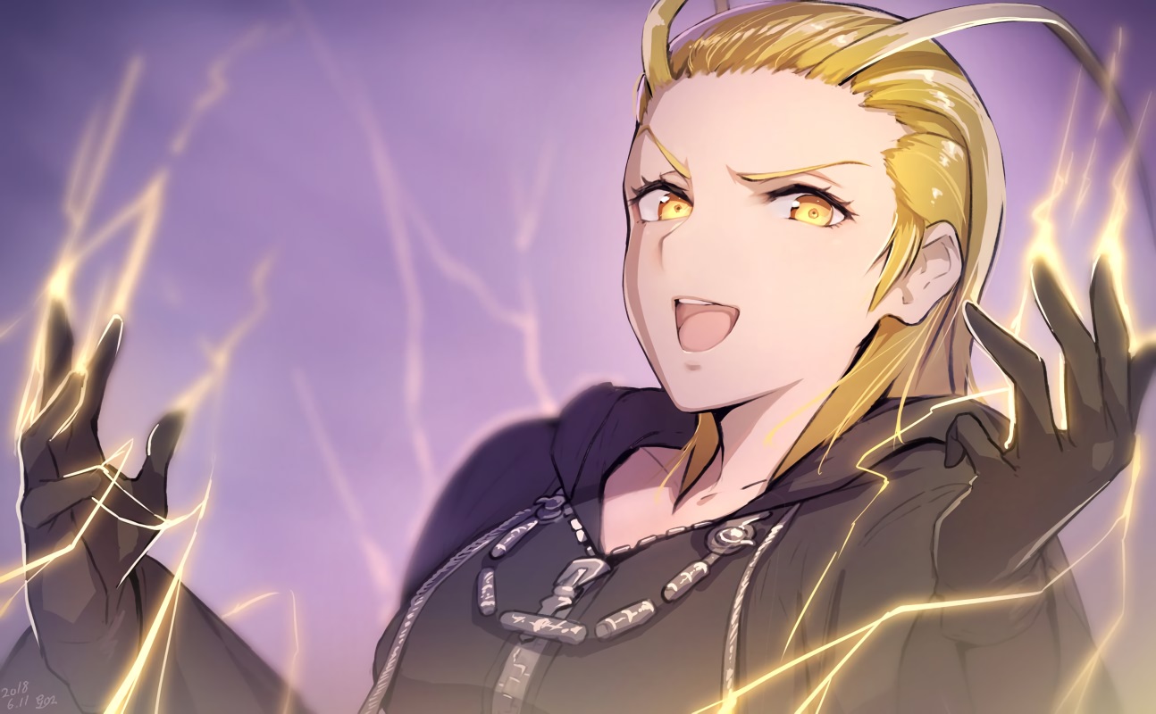 blonde_hair, gloves, gogo_(detteiu_de), hood, kingdom_hearts, larxene, magic, short_hair, signed, yellow_eyes
