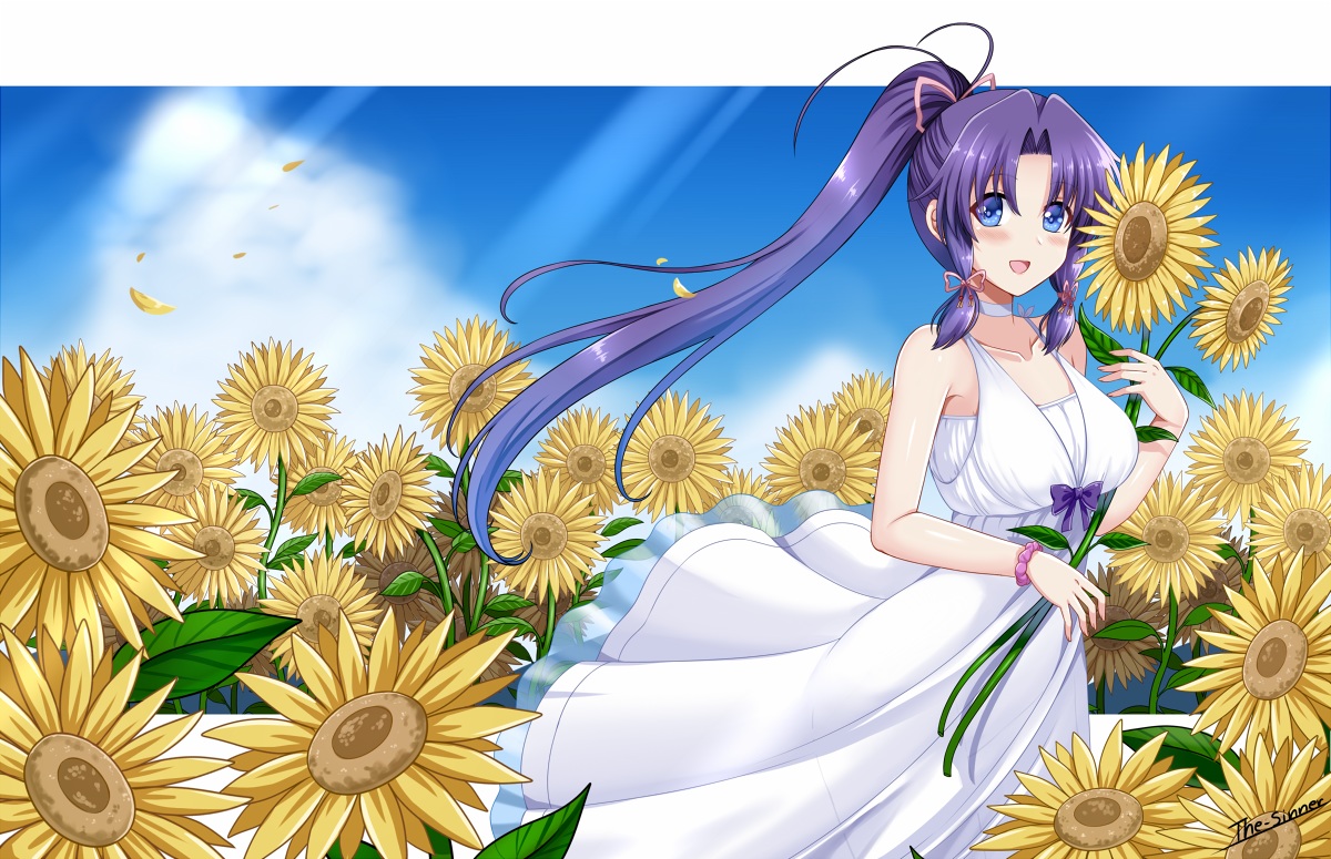 blue_eyes, blush, bow, dress, flowers, long_hair, minakami_haruka, petals, ponytail, purple_hair, signed, sister_princess, summer_dress, sunflower, the-sinner, twintails, wristwear