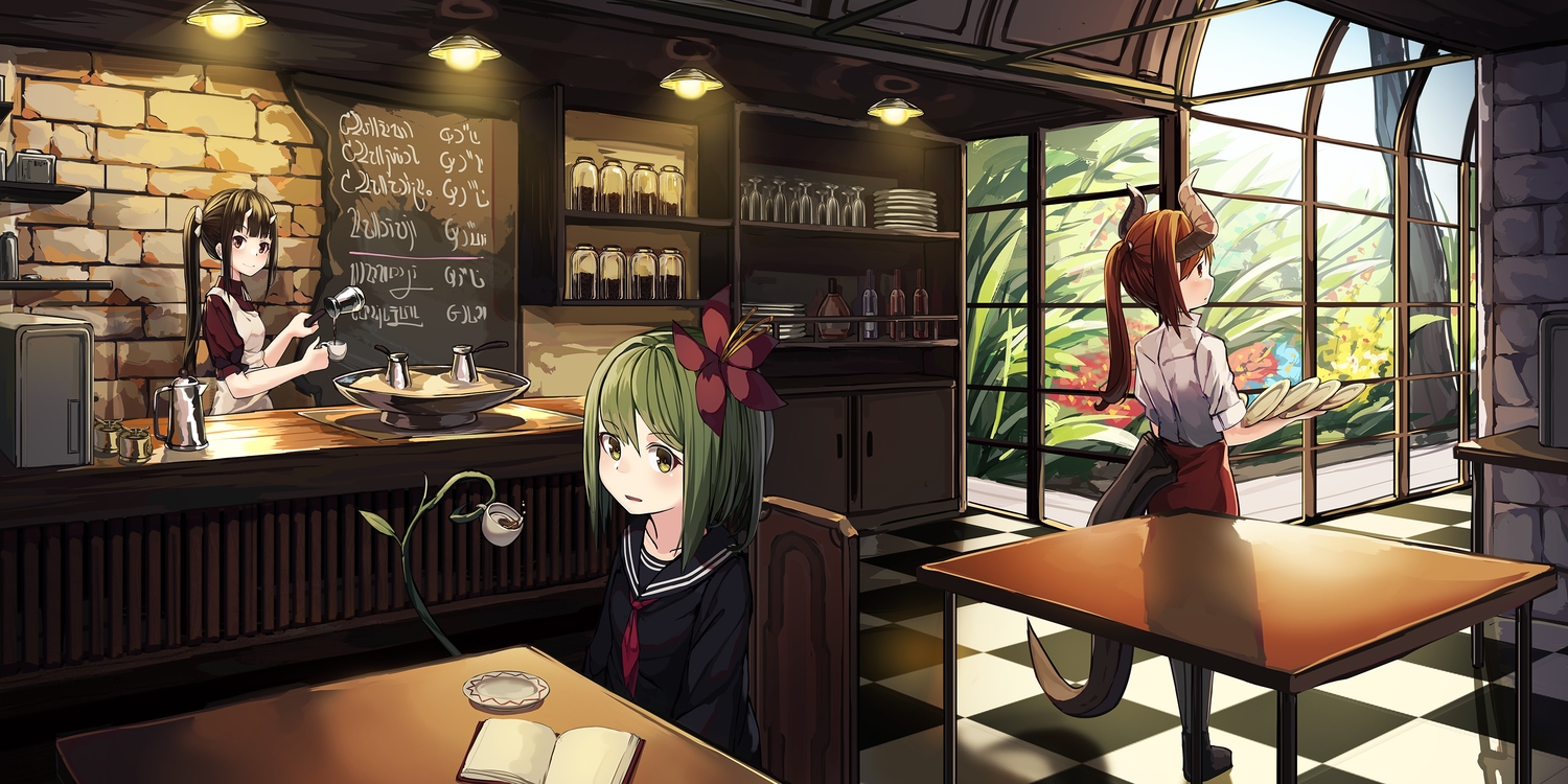 book, brown_eyes, brown_hair, drink, flowers, green_eyes, green_hair, horns