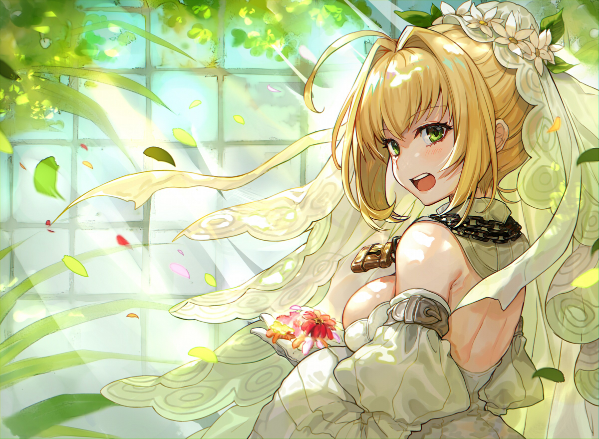blonde_hair, blush, breasts, chain, fate/grand_order, fate_(series), flowers, green