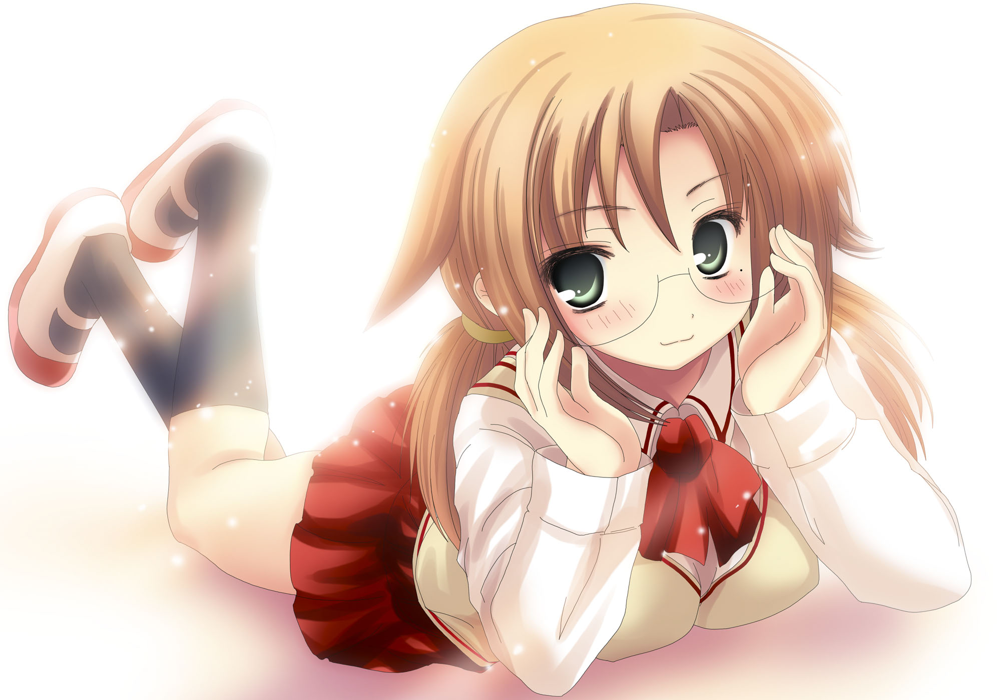 azuma_satori, bamboo_blade, blush, cat_smile, glasses, green_eyes, school_uniform, skirt