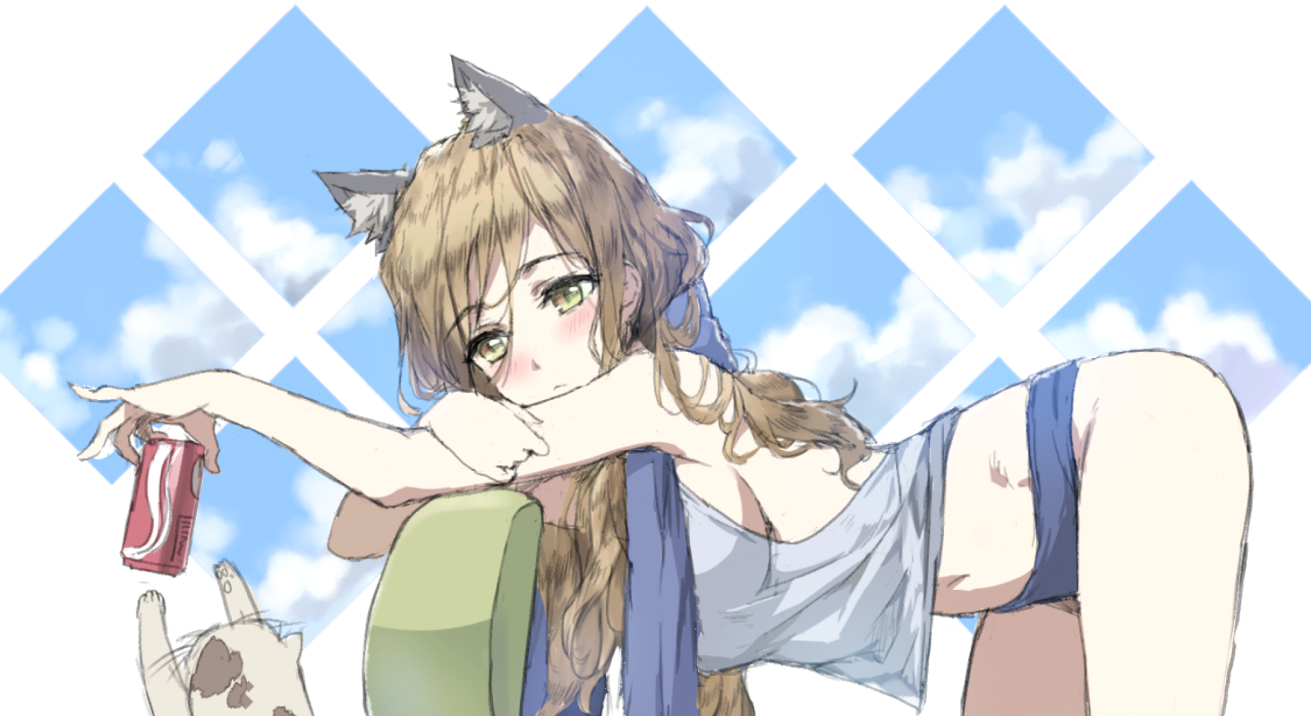 animal, animal_ears, blush, breasts, brown_hair, cat, catgirl, coca_cola