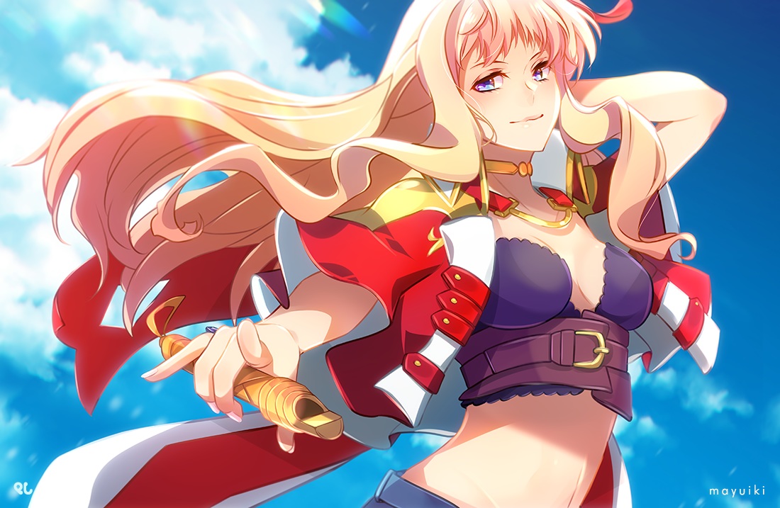 blonde_hair, blue_eyes, long_hair, macross, macross_frontier, muki_(mayuiki), sheryl_nome, sky, watermark