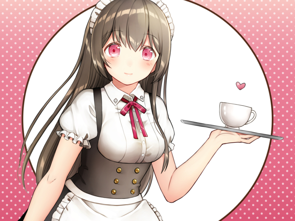 apron, blush, brown_hair, drink, headdress, kurata_rine, long_hair, maid