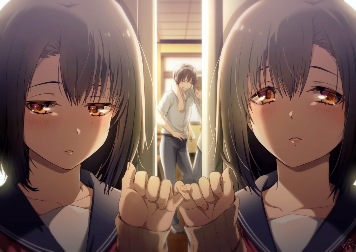 2girls, black_hair, blush, close, group, male, natsuki_yuka, orange_eyes, original, school_uniform, short_hair, twins
