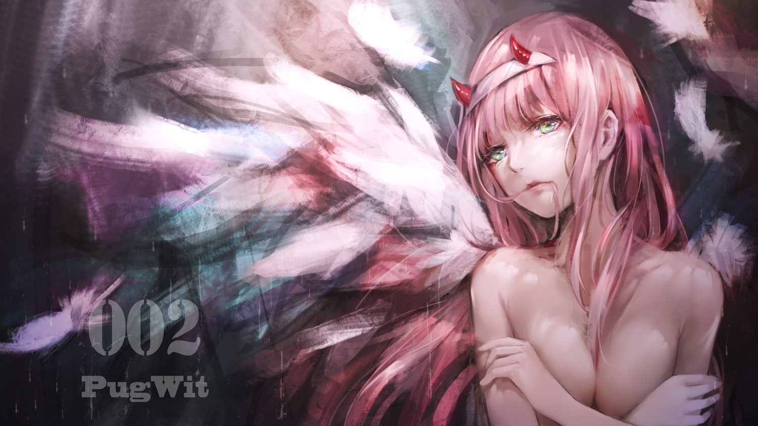 darling_in_the_franxx, long_hair, pink_hair, pugwit, watermark, zero_two