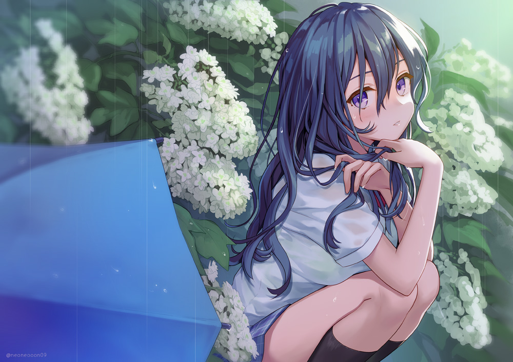 black_hair, flowers, jpeg_artifacts, kneehighs, long_hair, ne-on, original, purple_eyes, rain, school_uniform, skirt, umbrella, water, watermark