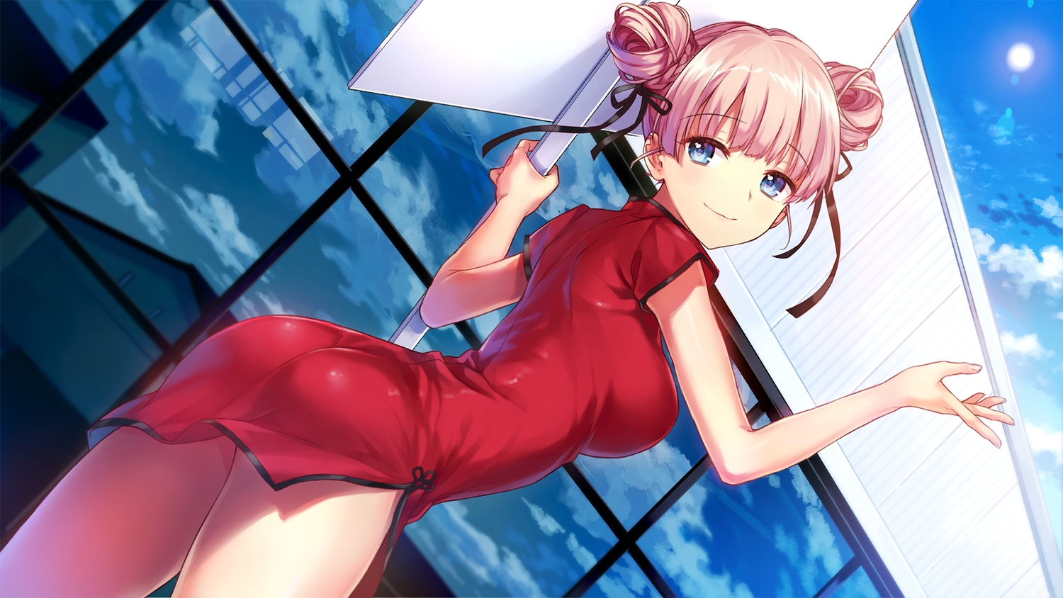 aqua_eyes, ass, blue_eyes, breasts, chinese_clothes, chinese_dress, clouds, dress, game_cg, harmorise, hirosawa_hikari, hitotsu_yane_no_tsubasa_no_shita_de, kaguyuzu, pink_hair, ribbons, short_hair, sky