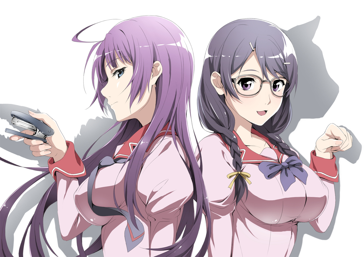 2girls, bakemonogatari, black_hair, blue_eyes, bow, braids, breasts, glasses, hanekawa_tsubasa, long_hair, monogatari_(series), ookanehira, purple_eyes, purple_hair, ribbons, school_uniform, senjougahara_hitagi, tie, twintails, white