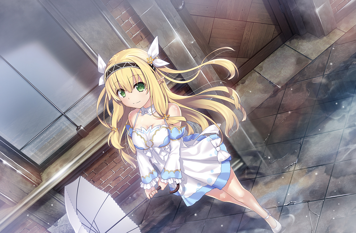 blonde_hair, dress, green_eyes, headband, long_hair, pointed_ears, umbrella, yoshida_takuma