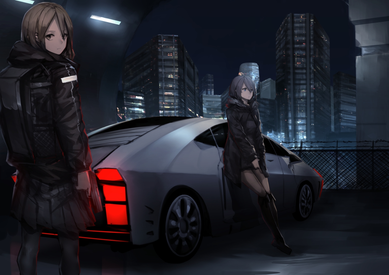 2girls, blue_eyes, boots, brown_eyes, brown_hair, building, car, city, dark, fixro2n, long_hair, night, original, pantyhose, skirt, sky