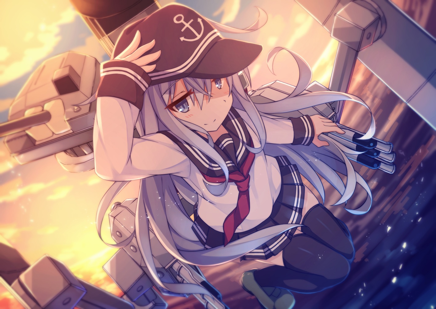 anthropomorphism, clouds, gray_eyes, gray_hair, hat, hibiki_(kancolle), kantai_collection, school_uniform