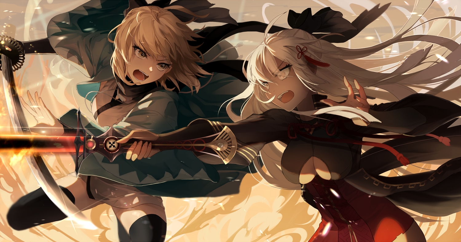 blonde_hair, brown_eyes, fate/grand_order, fate_(series), japanese_clothes, katana, koruta_(nekoimo), long_hair
