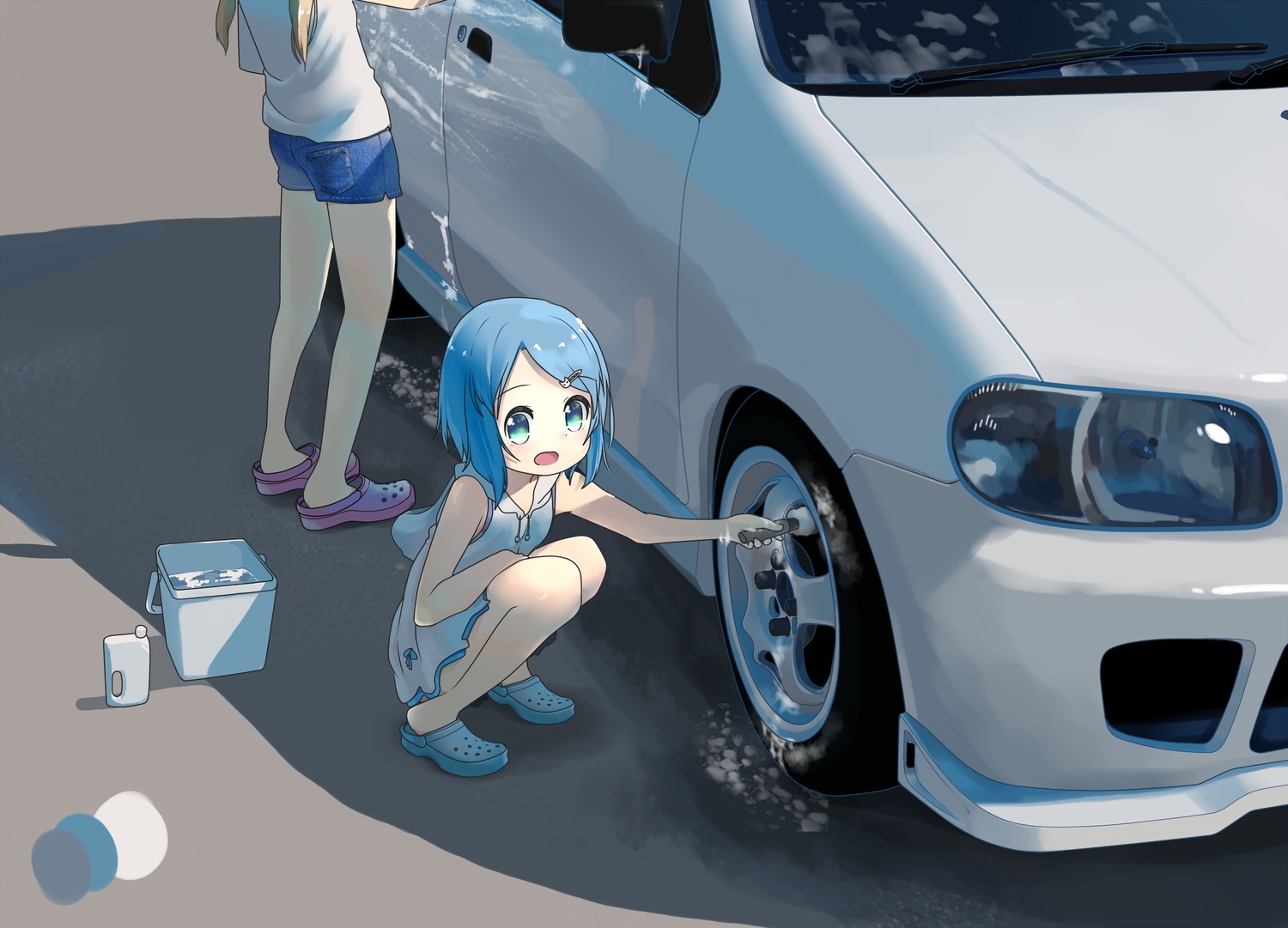 2girls, aoi_tori_(artist), aqua_eyes, aqua_hair, car, dress, hood, loli