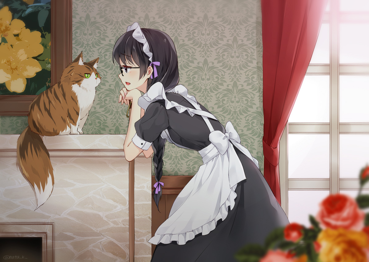 animal, apron, black_eyes, black_hair, bow, braids, cat, dress