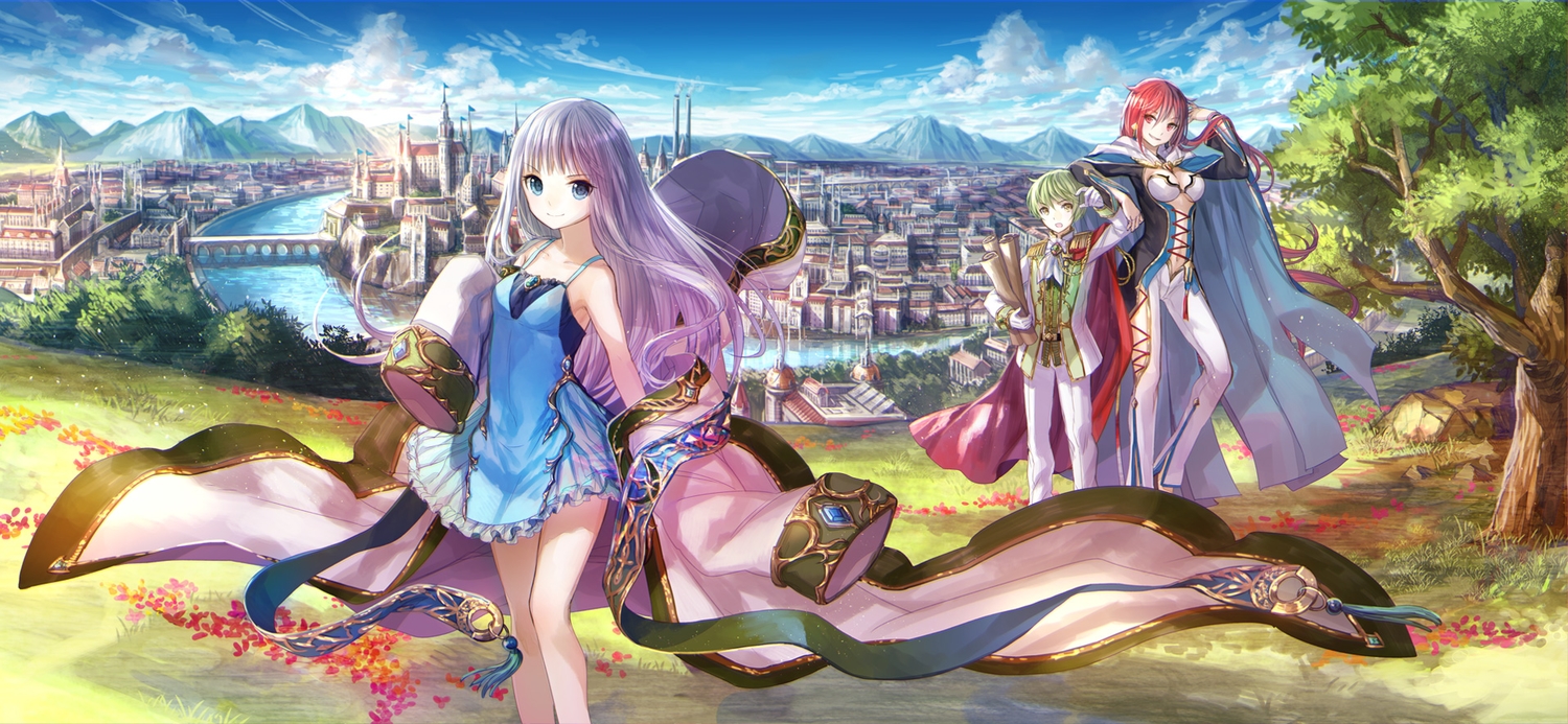 blue_eyes, building, cape, city, clouds, dress, fuji_choko, grass, green_hair, jpeg_artifacts, kenja_no_deshi_wo_nanoru_kenja, long_hair, luminaria_(kendeshi), male, mira_(kendeshi), pink_hair, red_hair, solomon_(kendeshi), tree, water