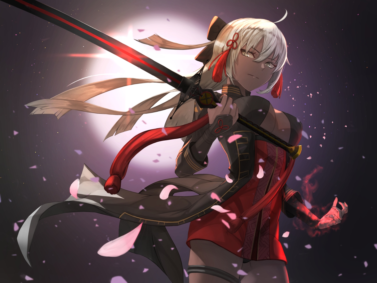announ_(kurotya), blonde_hair, dark_skin, fate/grand_order, fate_(series), katana, long_hair, no_bra, okita_souji_alter, okita_souji_(fate), panties, petals, sword, underwear, weapon, yellow_eyes