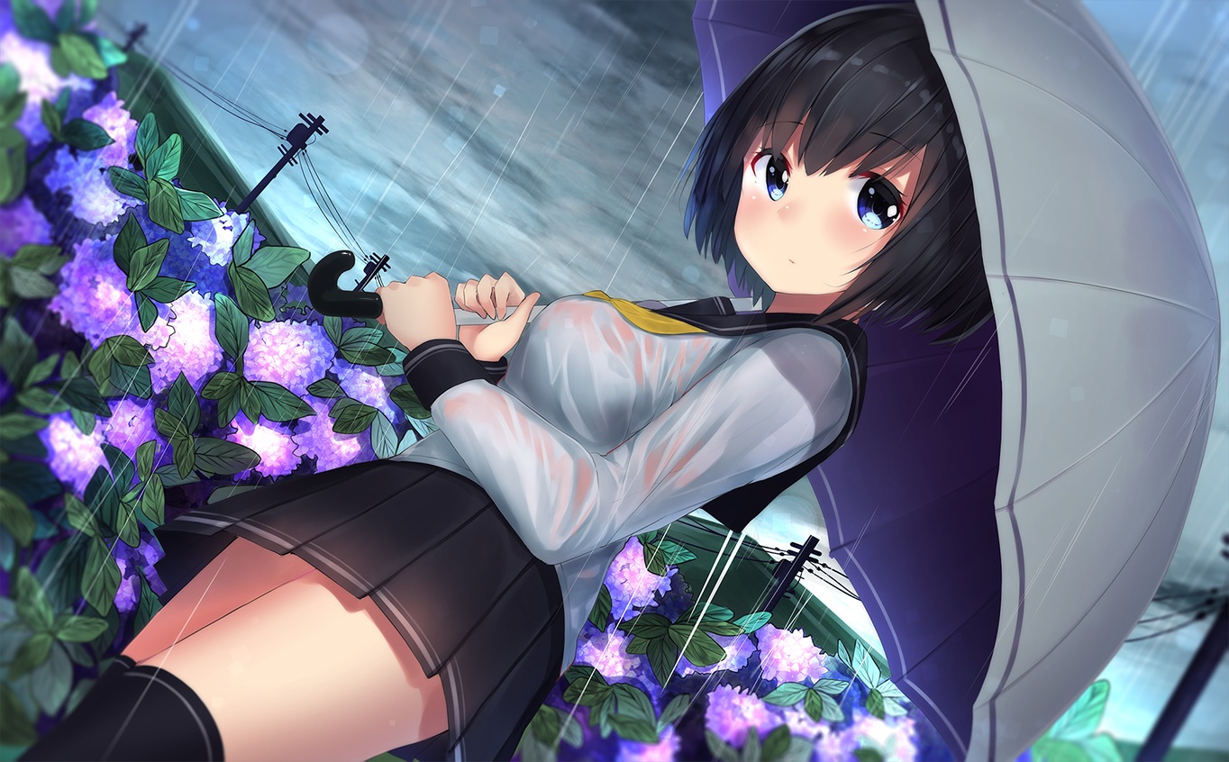 black_hair, blue_eyes, flowers, neku_(neku_draw), original, rain, school_uniform, see_through