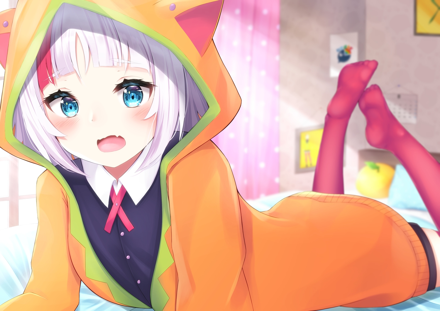 animal_ears, aqua_eyes, bed, blush, fang, hassaku_yuzu, hood, nijisanji, short_hair, tagme_(artist), thighhighs, white_hair