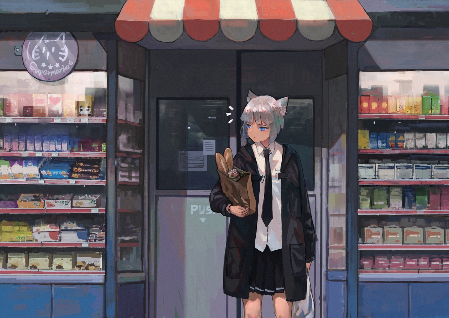 animal_ears, blue_eyes, catgirl, food, gray_hair, jun_(5455454541), original, scenic