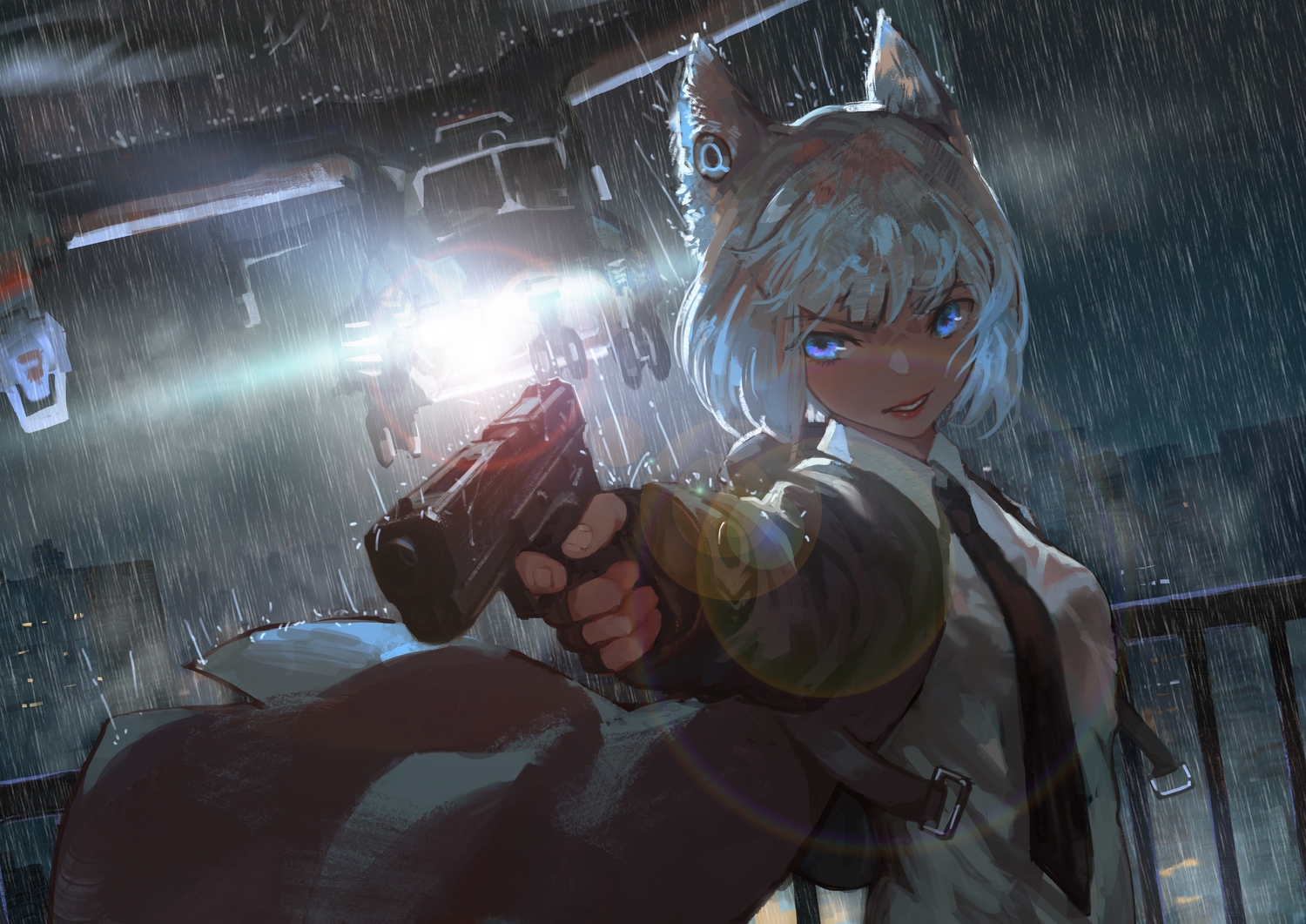 aircraft, animal_ears, blue_eyes, building, city, gloves, gun, jun_(5455454541), night, original, rain, short_hair, water, weapon, white_hair