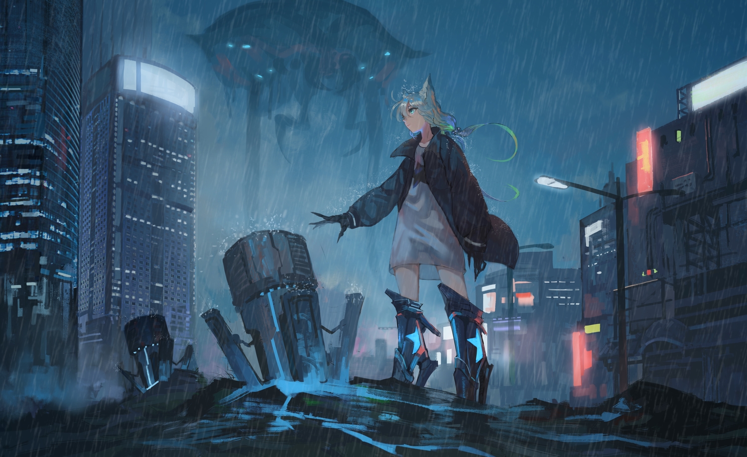animal_ears, building, catgirl, city, gloves, green_eyes, green_hair, jun_(5455454541)