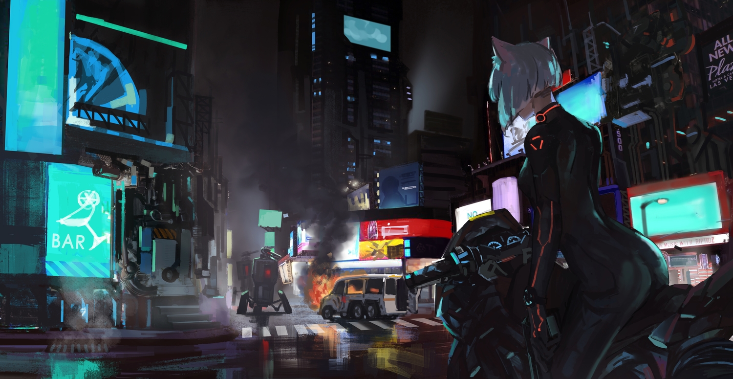 animal_ears, bodysuit, building, catgirl, city, gloves, jun_(5455454541), motorcycle, night, original, robot, short_hair, white_hair