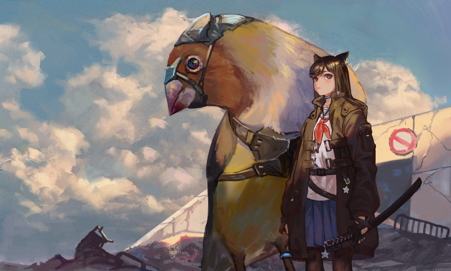 animal_ears, black_hair, blue_eyes, catgirl, gloves, jun_(5455454541), katana, long_hair