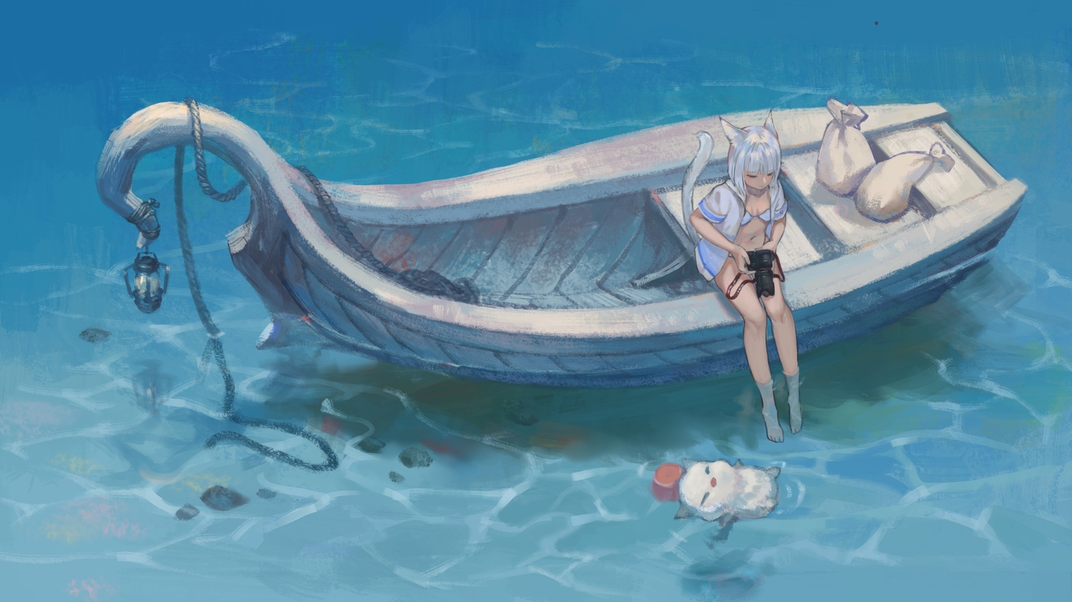 animal_ears, barefoot, bikini, boat, camera, catgirl, final_fantasy, final_fantasy_xiv