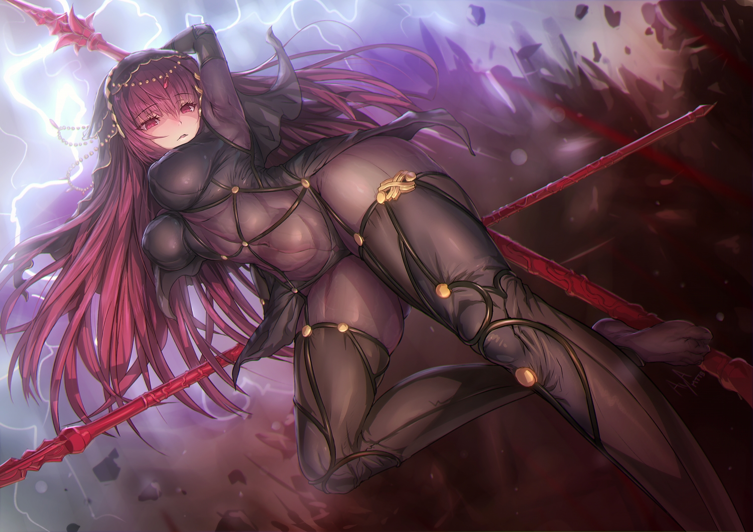 aya_shobon, bodysuit, breasts, fate/grand_order, fate_(series), headdress, long_hair, navel, purple_eyes, purple_hair, scathach_(fate/grand_order), signed, skintight, spear, weapon